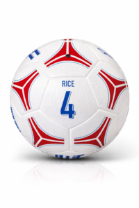White soccer ball featuring red and blue geometric accents, with the blue number 4 and the word RICE visible.