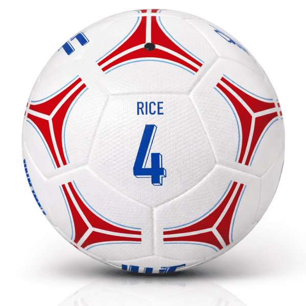 White soccer ball featuring red and blue geometric accents, with the blue number 4 and the word RICE visible.