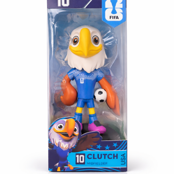 Toy figure of a white eagle in a blue soccer kit, standing with a soccer ball inside clear packaging.