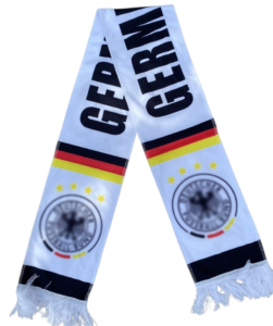 White Germany football scarf with black text 'GERMANY', black-red-gold stripes, and team crest, fringed ends for fans.