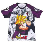 Dragon Ball Z graphic T-shirt with a Super Saiyan character punching forward on a white and purple background with the Dragon Ball Z logo.