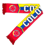 Colombian football scarf in red, yellow, and blue with the word COLOMBIA in bold letters and the football federation emblem.