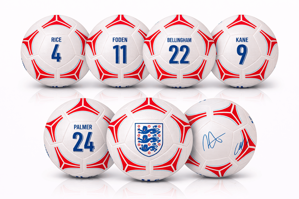 Six footballs with red patterns, blue player names and numbers (Rice 4, Foden 11, Bellingham 22, Kane 9, Palmer 24) and the England crest in the center bottoms.