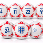 Six footballs with red patterns, blue player names and numbers (Rice 4, Foden 11, Bellingham 22, Kane 9, Palmer 24) and the England crest in the center bottoms.