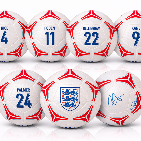 Six footballs with red patterns, blue player names and numbers (Rice 4, Foden 11, Bellingham 22, Kane 9, Palmer 24) and the England crest in the center bottoms.