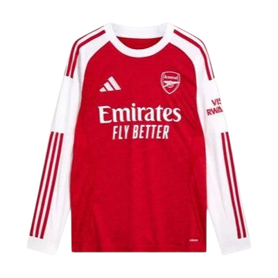 Arsenal home football shirt: red body with white sleeves, featuring Emirates sponsor and Adidas logo.