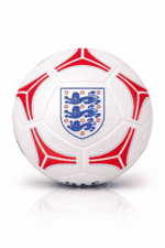 White soccer ball featuring the England crest with three blue lions and red decorative panels on a white background.