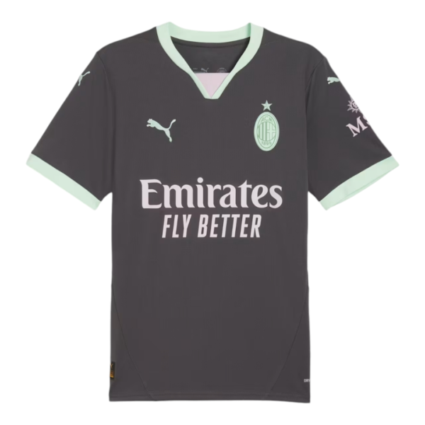 AC Milan football jersey in charcoal gray with mint-green trims and Emirates Fly Better sponsor on the front.