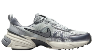 Grey Nike running shoe with a chunky white sole, breathable mesh upper, and dark swoosh logo.
