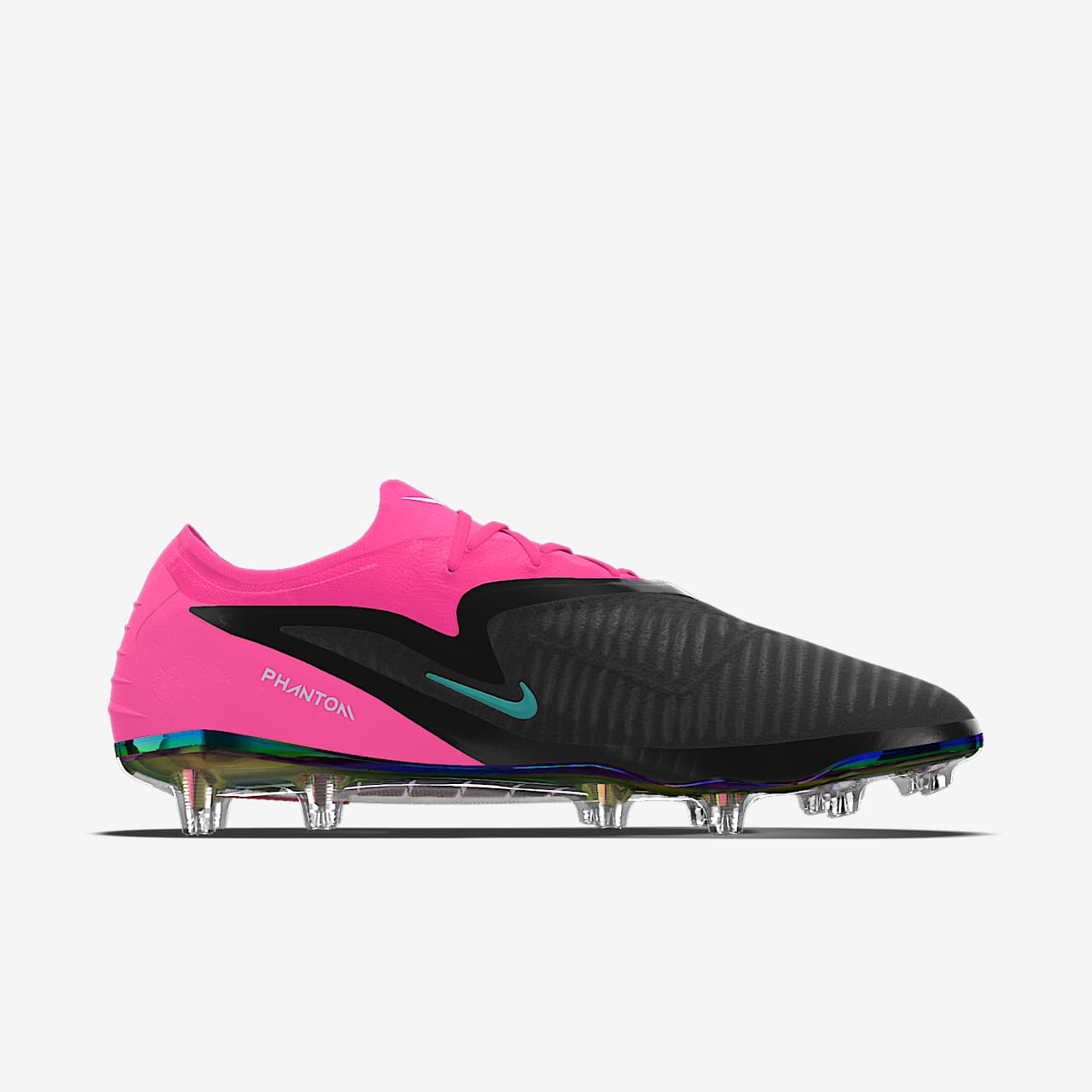 rn-image_picker_lib_temp_4e642273-e24c-4c88-8e9f-d6ff1a202f9c | UAE SPORT STORE Bright pink and black Nike Phantom GT soccer cleat with teal swoosh, showing studded sole and side view for product showcase.