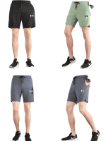 Set of men's athletic shorts in black, green, and gray shown from multiple angles (front and side), featuring a drawstring waist and Under Armour logo.