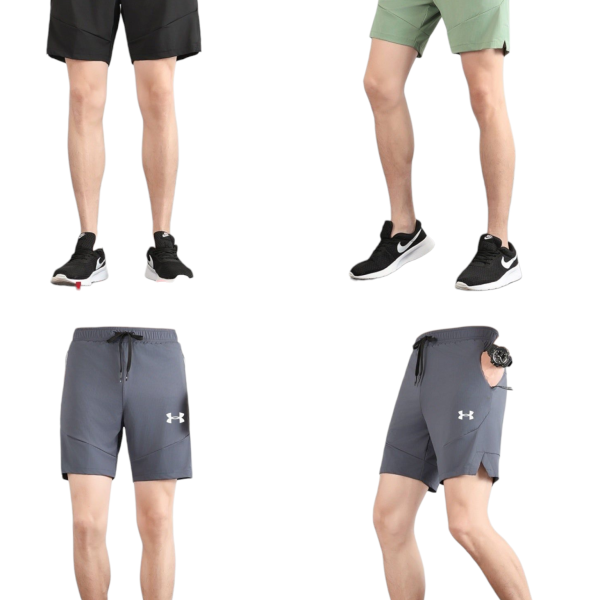 Set of men's athletic shorts in black, green, and gray shown from multiple angles (front and side), featuring a drawstring waist and Under Armour logo.