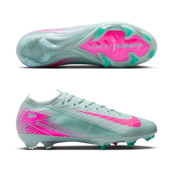 Turquoise soccer cleats with pink accents and teal studs, shown from side and sole views.