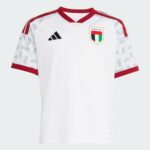 White UAE FA soccer jersey with red collar and sleeve trim, Adidas logo on the chest and UAE FA crest on the right side.