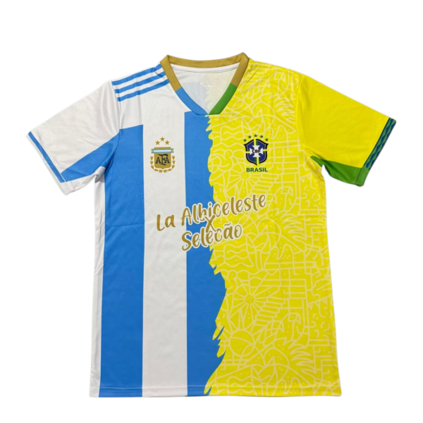 Argentina-Brazil themed football jersey with blue and white left panel, yellow right panel, and crests; front text reads 'La Albiceleste Seleção'