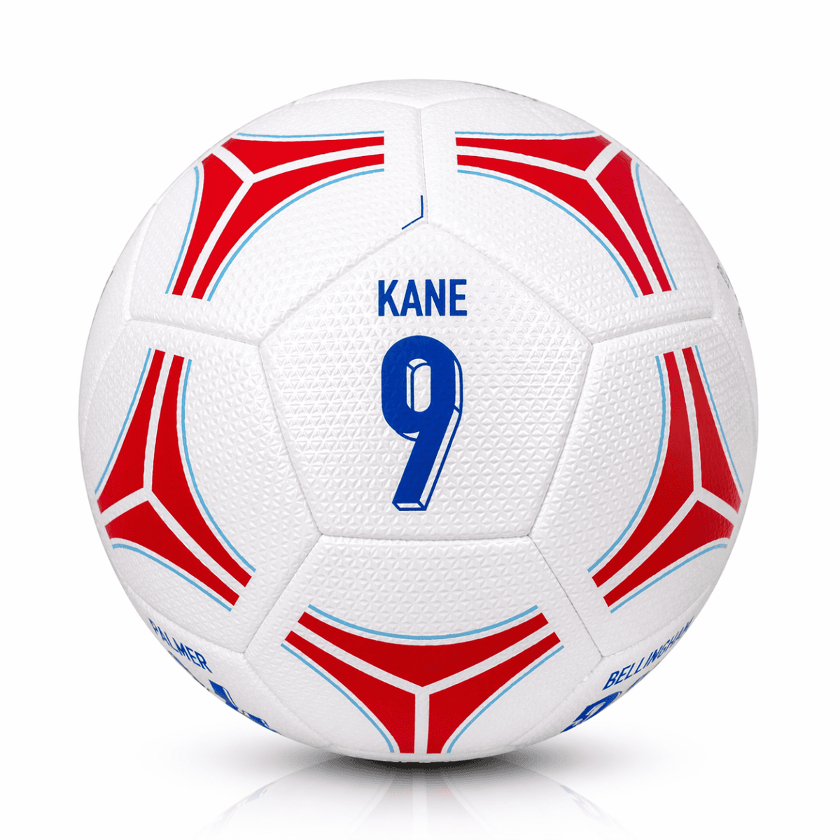 White soccer ball featuring blue 'KANE' and the number 9 with red and blue geometric accents, close-up view