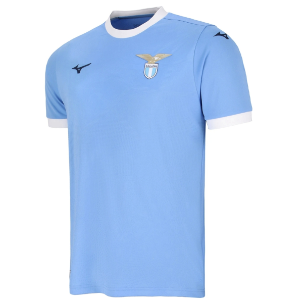 Light blue Lazio soccer jersey with white collar and cuffs, gold emblem on chest.