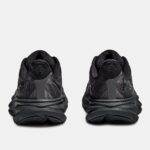Two black running shoes viewed from the back, showing padded heels and chunky soles on a light background.