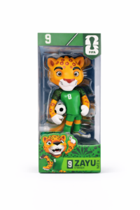 Toy tiger mascot in a green soccer uniform (number 8) holding a soccer ball, packaged in a FIFA-branded box.