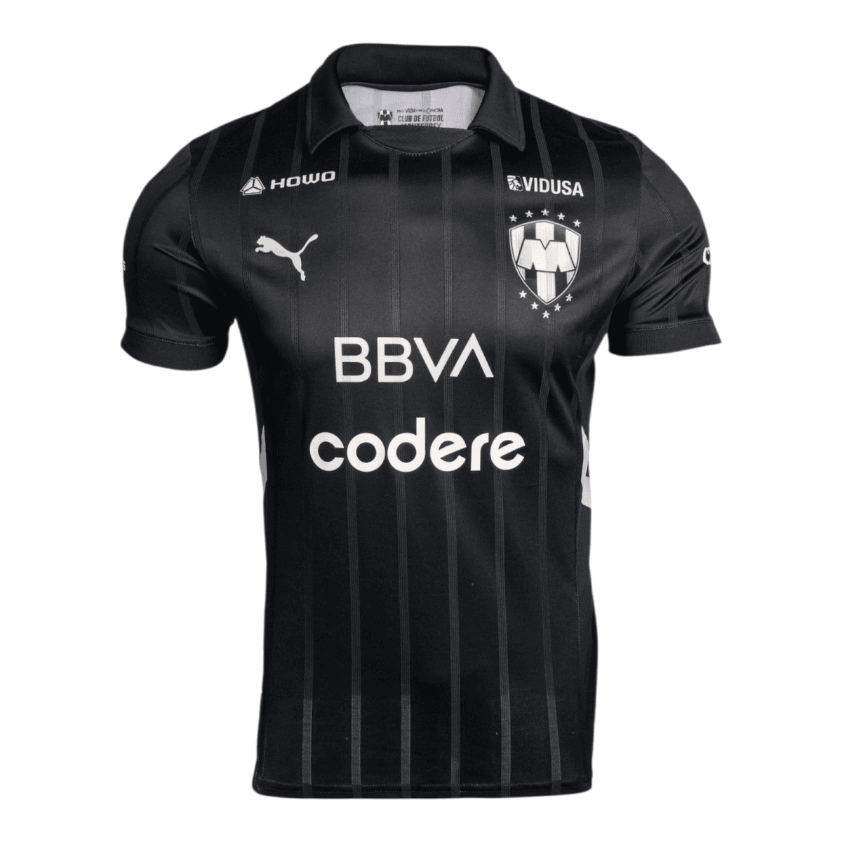 Black pinstriped soccer jersey with a polo collar displaying the club crest on the left chest and sponsor logos (BBVA and codere) across the front; Puma logo on the right chest.