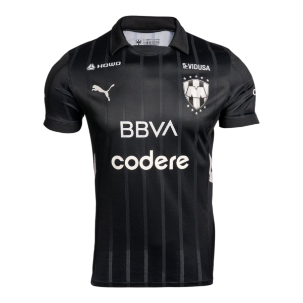 Black pinstriped soccer jersey with a polo collar displaying the club crest on the left chest and sponsor logos (BBVA and codere) across the front; Puma logo on the right chest.