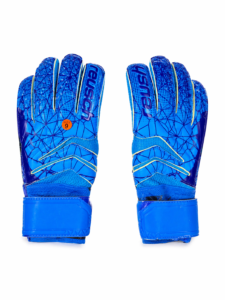 Pair of blue goalkeeper gloves with a geometric pattern and yellow trim, shown from the front.