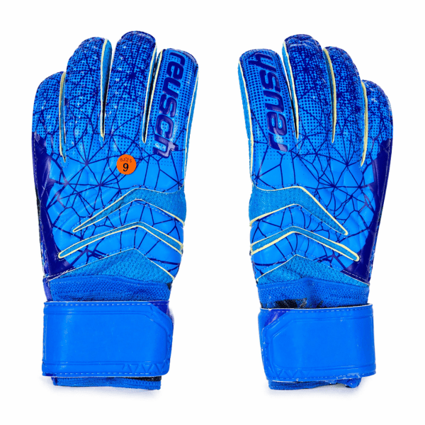 Pair of blue goalkeeper gloves with a geometric pattern and yellow trim, shown from the front.