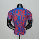 Back view of a blue and red geometric-pattern athletic jersey on a black mannequin torso