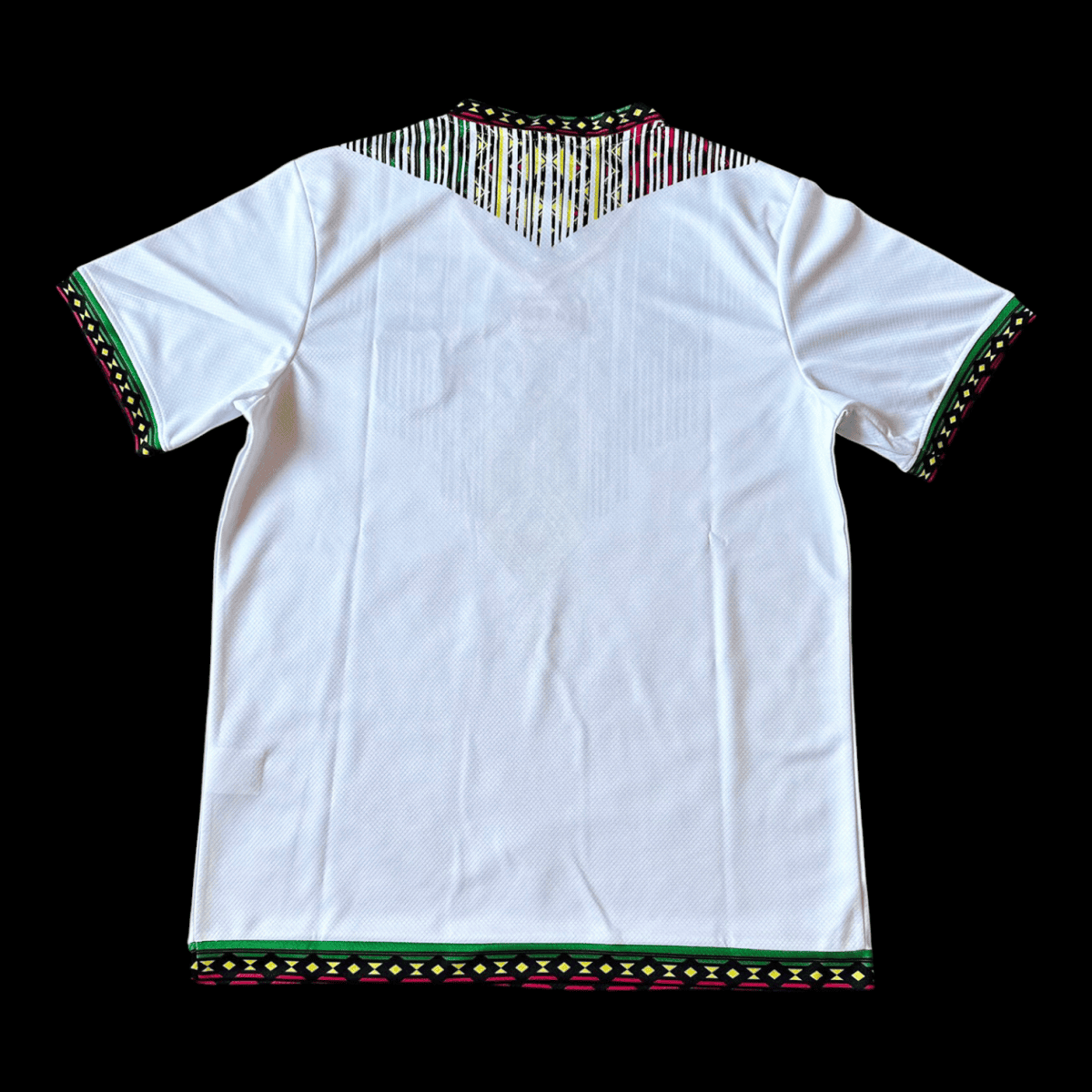 Back view of a white shirt with colorful tribal-inspired embroidery along the collar, sleeve cuffs, and hem.