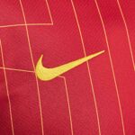 Yellow Nike Swoosh embroidered on red athletic fabric with thin gold lines nearby.