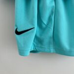 Close-up of teal mesh fabric from a sports jersey with a black Nike swoosh near the bottom left corner.