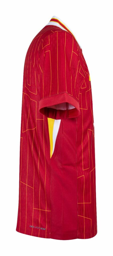 Red athletic polo/shirt with an orange geometric stitch pattern and white-striped collar, shown from the side.