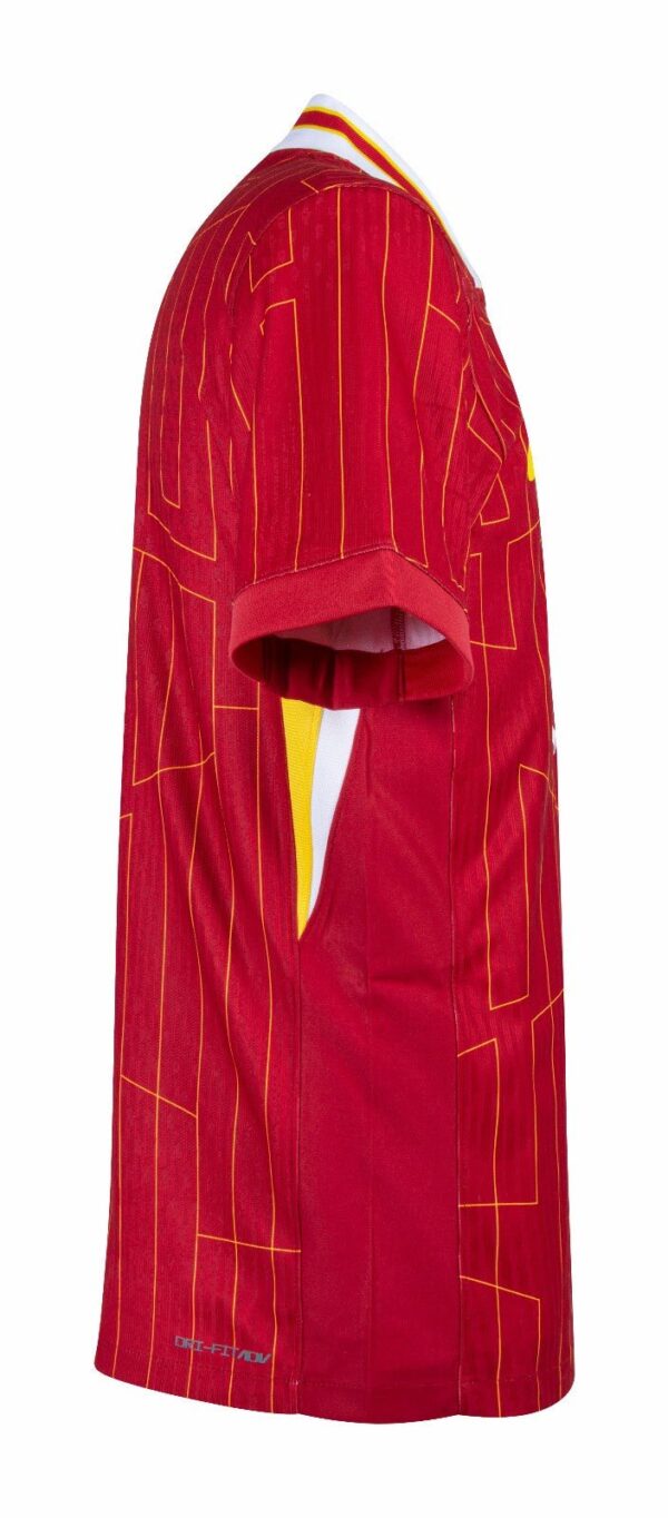 Red athletic polo/shirt with an orange geometric stitch pattern and white-striped collar, shown from the side.