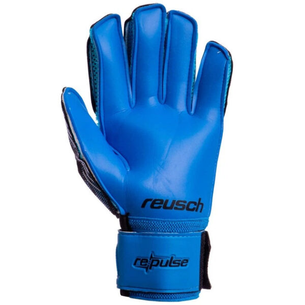 Blue goalkeeper glove with Velcro wrist strap, branded 'Reusch' on the backhand edge and cuff patch.