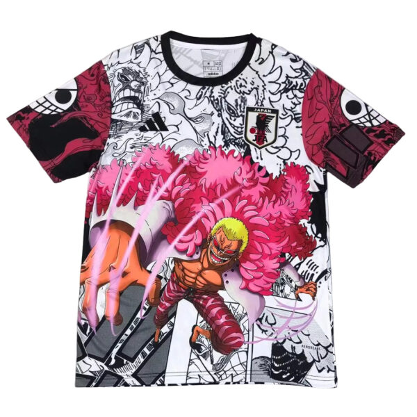 Colorful graphic T-shirt featuring an anime-style muscular character with a bright pink fluffy cape against a black-and-white background, plus a small Japan emblem on the chest.