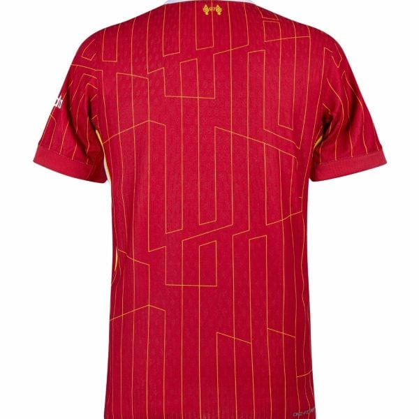 Back view of a red polo shirt with a slim yellow geometric line pattern and a striped white collar with red and yellow accents.
