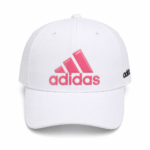 White baseball cap with pink Adidas logo on the front and small black Adidas text on the side.