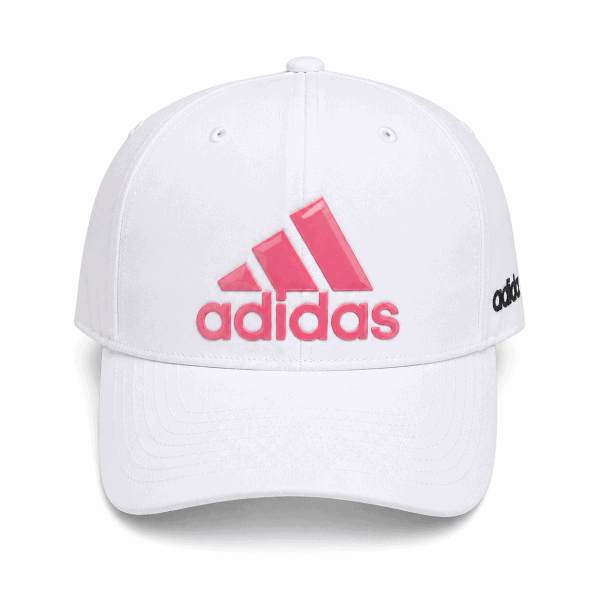White baseball cap with pink Adidas logo on the front and small black Adidas text on the side.