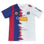Split-color soccer jersey with blue and red left panel showing FC Barcelona crest and sponsor, and white right panel with a Santos FC crest; brush-stroke divider down the center.