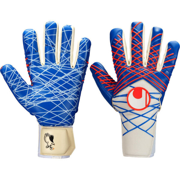 Pair of blue goalkeeper gloves with white and red lacing and a beige wrist strap showing a logo on the cuff (informative product image)