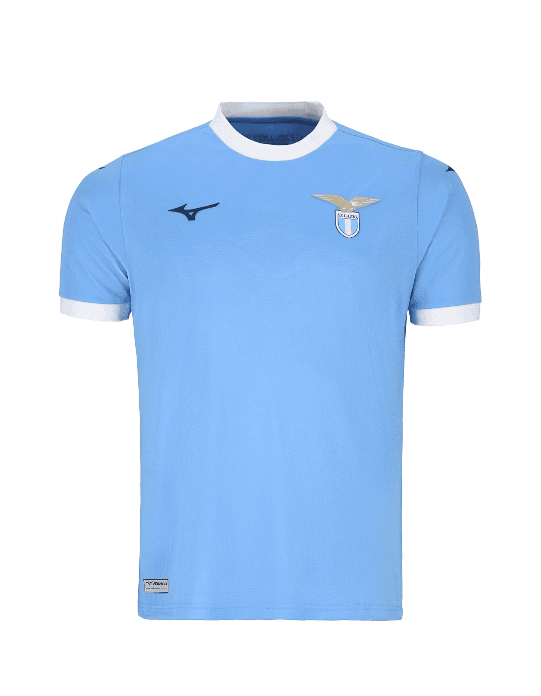 rn-image_picker_lib_temp_91940b44-f769-4ee4-af57-53f4e58af935 | UAE SPORT STORE Light blue Lazio football jersey with white collar and cuffs, featuring a black Mizuno logo on the chest and the Lazio crest on the opposite side