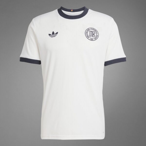 White polo shirt with navy ribbed collar and cuffs, Adidas trefoil logo on left chest and a circular crest on the right reading 'Deutscher Fussball-Bund' (Germany)