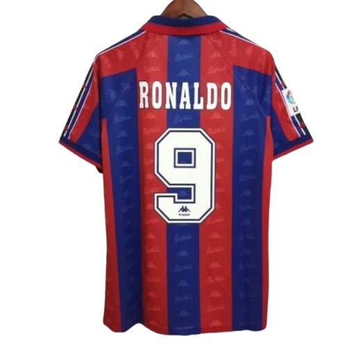 Red and blue striped Ronaldo 9 football jersey, back view with name 'RONALDO'.