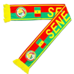 Colorful Senegal national football scarf with red, green, and yellow stripes, featuring the Senegal flag and federation logos with yellow fringe ends.