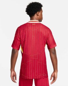 Back view of a person wearing a red geometric-patterned sports jersey with gold lines and a white collar with red/yellow trim against a white background.