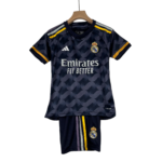 Real Madrid football jersey on a wooden hanger: dark navy with yellow accents and crest, sponsor text visible