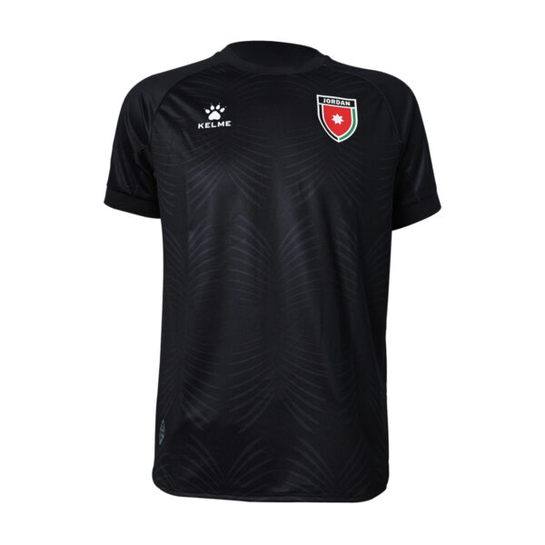 Black training jersey featuring a subtle geometric pattern, with a Jordan crest on the chest and a Kelme logo.