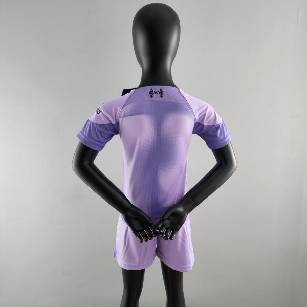 Back view of a black mannequin wearing a lavender athletic jersey; arms are crossed in front of the torso.