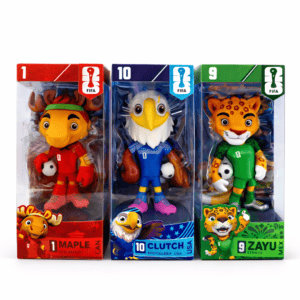 Three FIFA toy soccer figures in boxes: Maple (red goalkeeper), Clutch (blue midfielder), and Zayu (green striker).