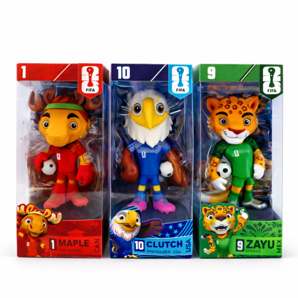 Three boxed FIFA character figurines: Maple (red, goalkeeper), Clutch (blue, midfielder), and Zayu (green, striker) with soccer balls at their feet, from left to right in colorful packaging.